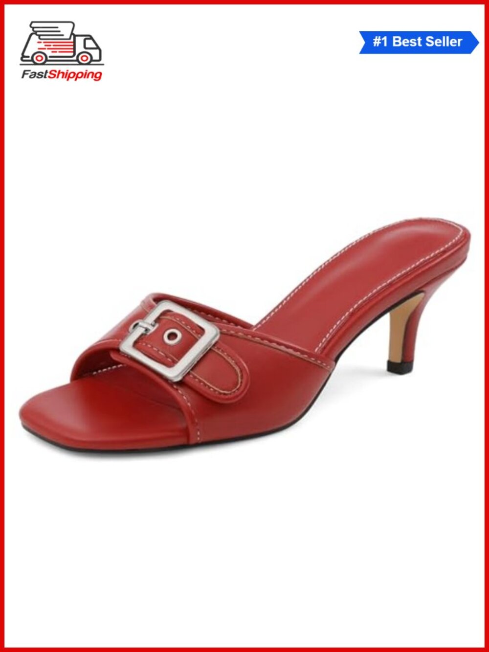 ✨ Kitten Heels Square Open Toe Low Heeled Sandals Slip On Mule Heel Faux Leather